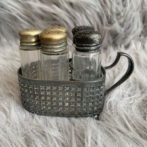Antique Silver Plate Condiment Cruet Caddy with Cut Glass Containers Star Lids